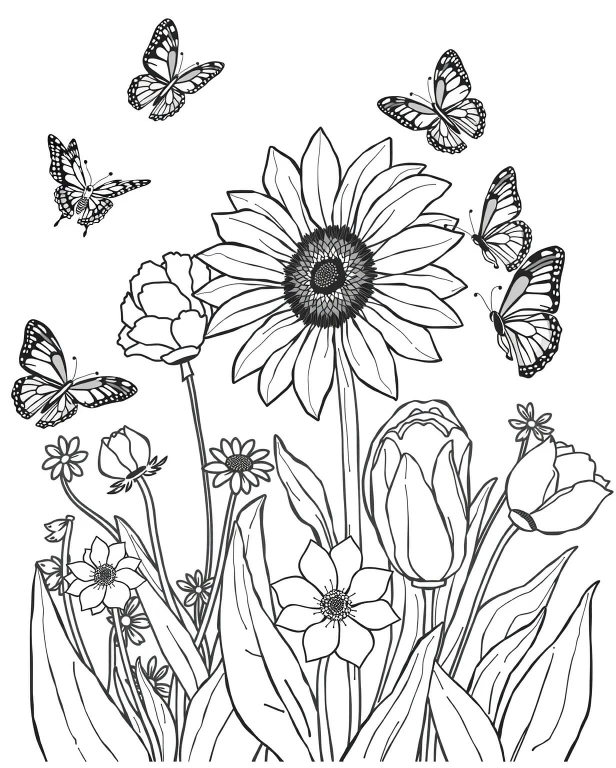 Summer Garden with Butterflies Coloring Page