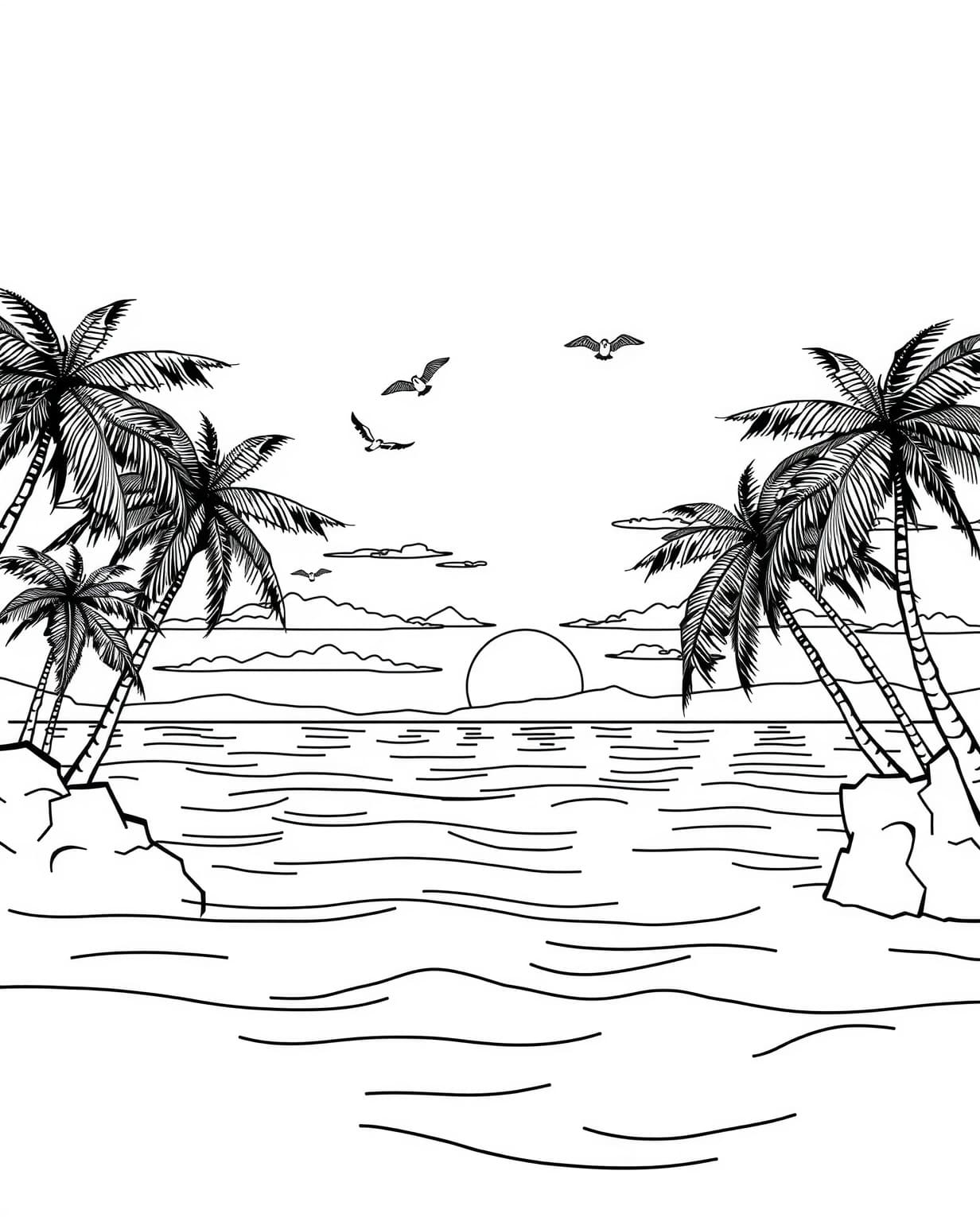 Sunset Over Tropical Island Coloring Page