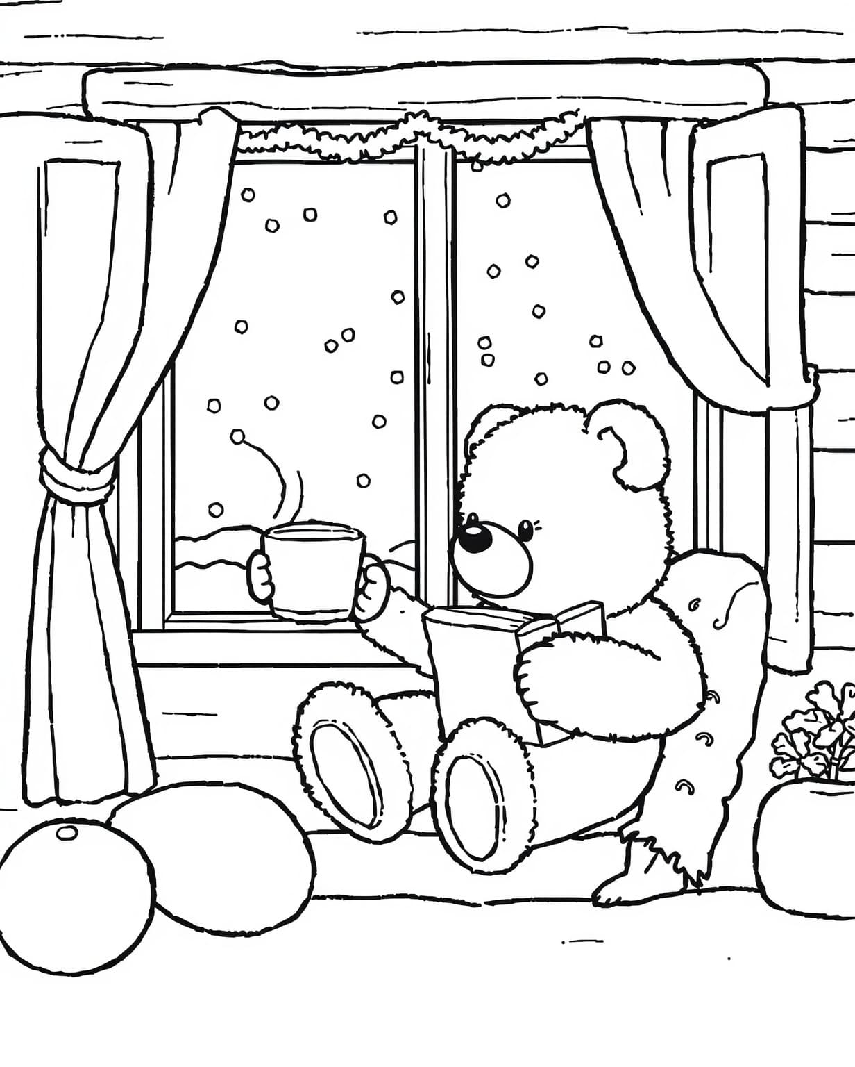 Teddy Bear by the Window with a Christmas Book Coloring Page