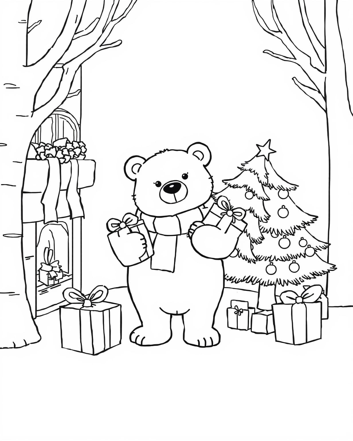 Teddy Bear with Gifts by the Christmas Tree Coloring Page