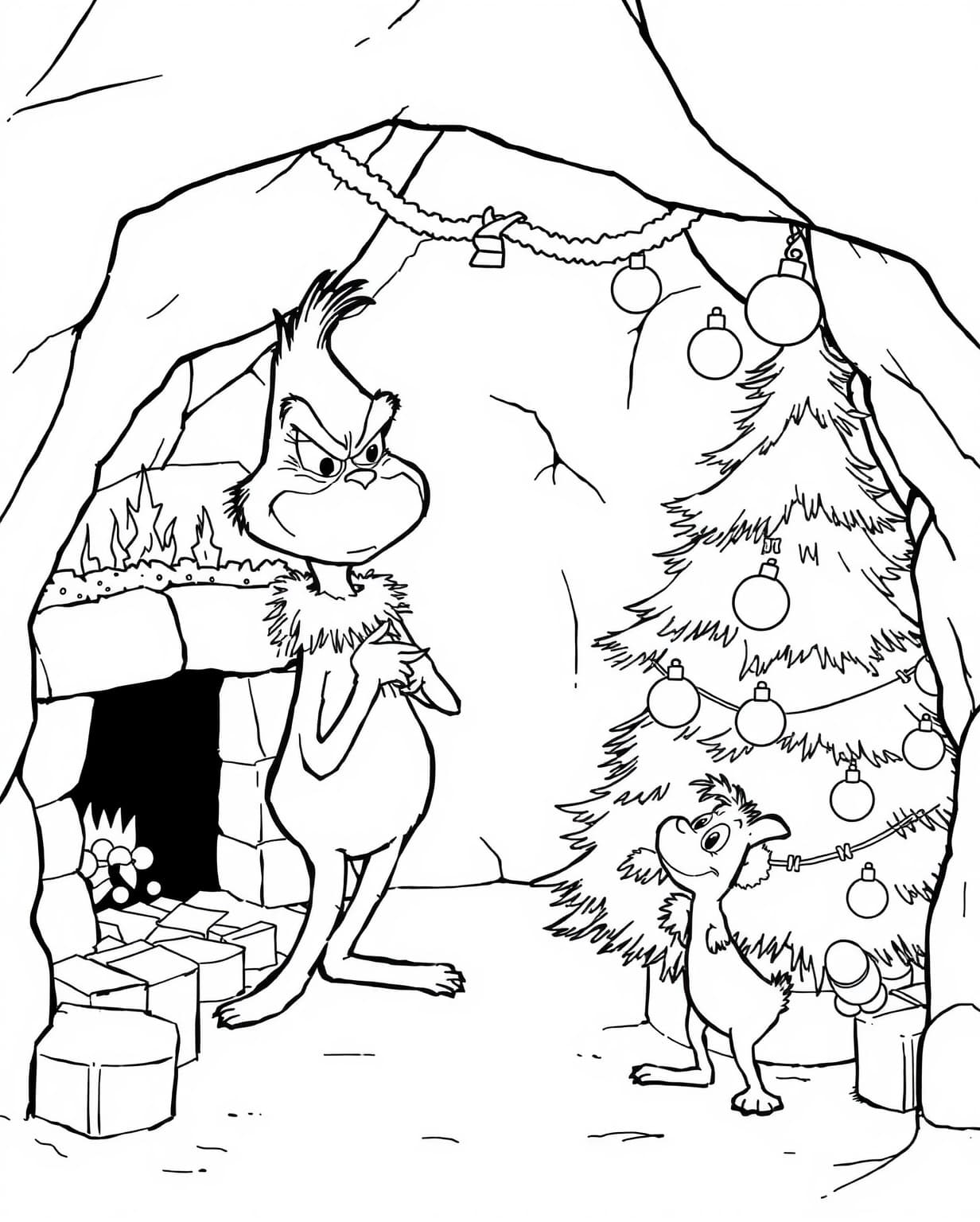 The Grinch Decorating a Christmas Tree Coloring Page