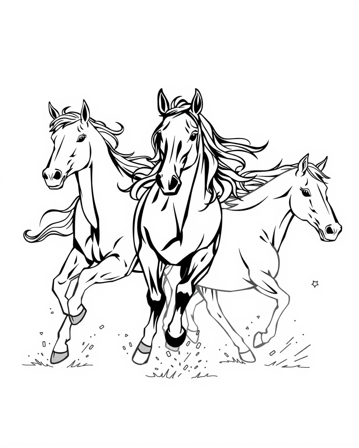 Three Wild Horses Running Together Coloring Page