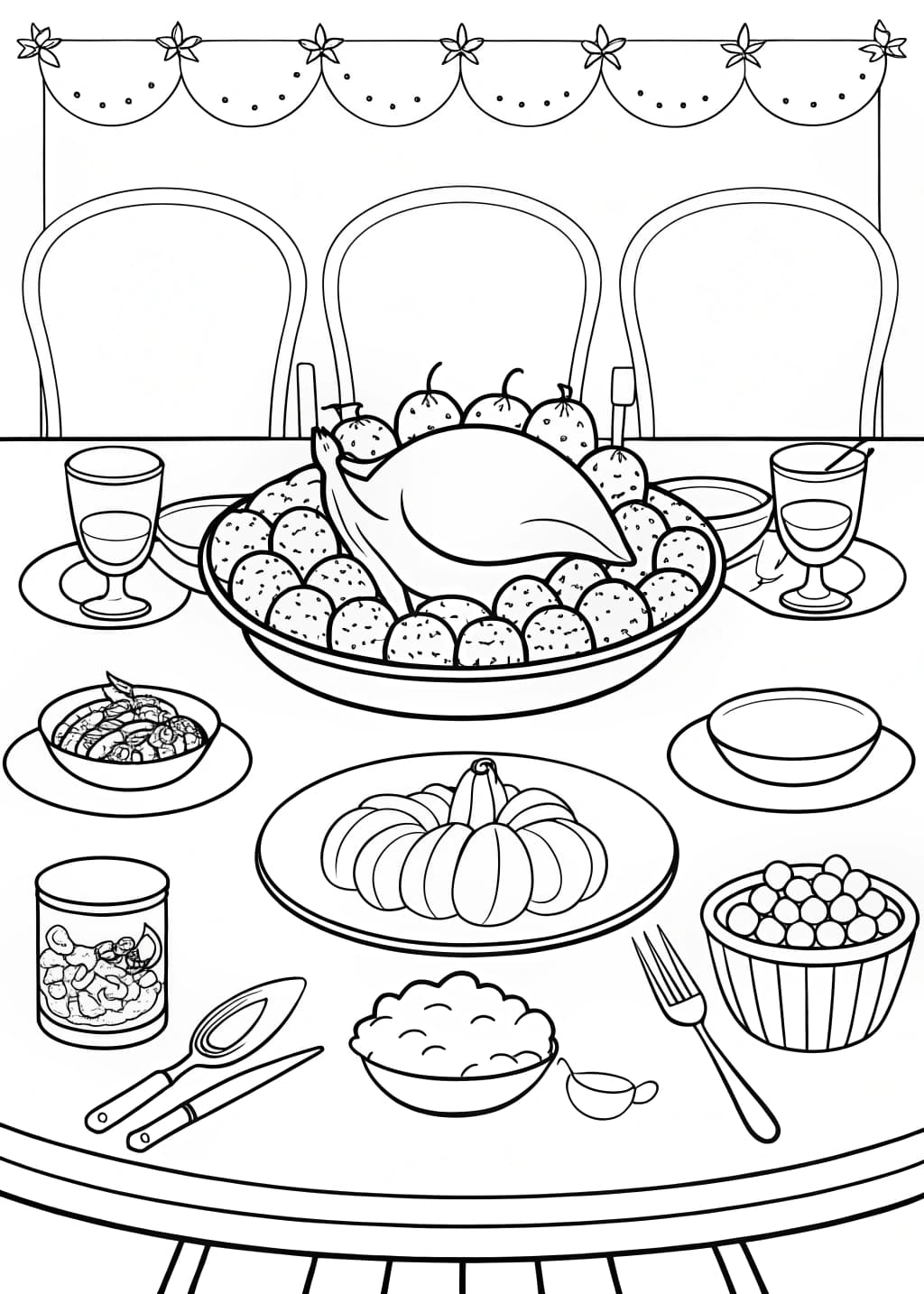 Traditional Thanksgiving Table With Turkey Coloring Page