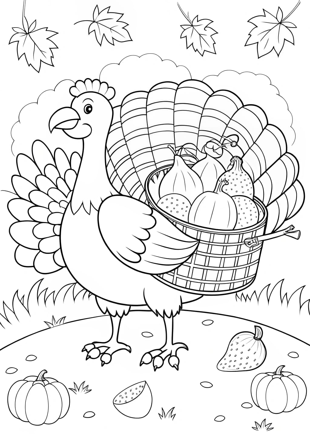 Turkey with Harvest Basket Coloring Page