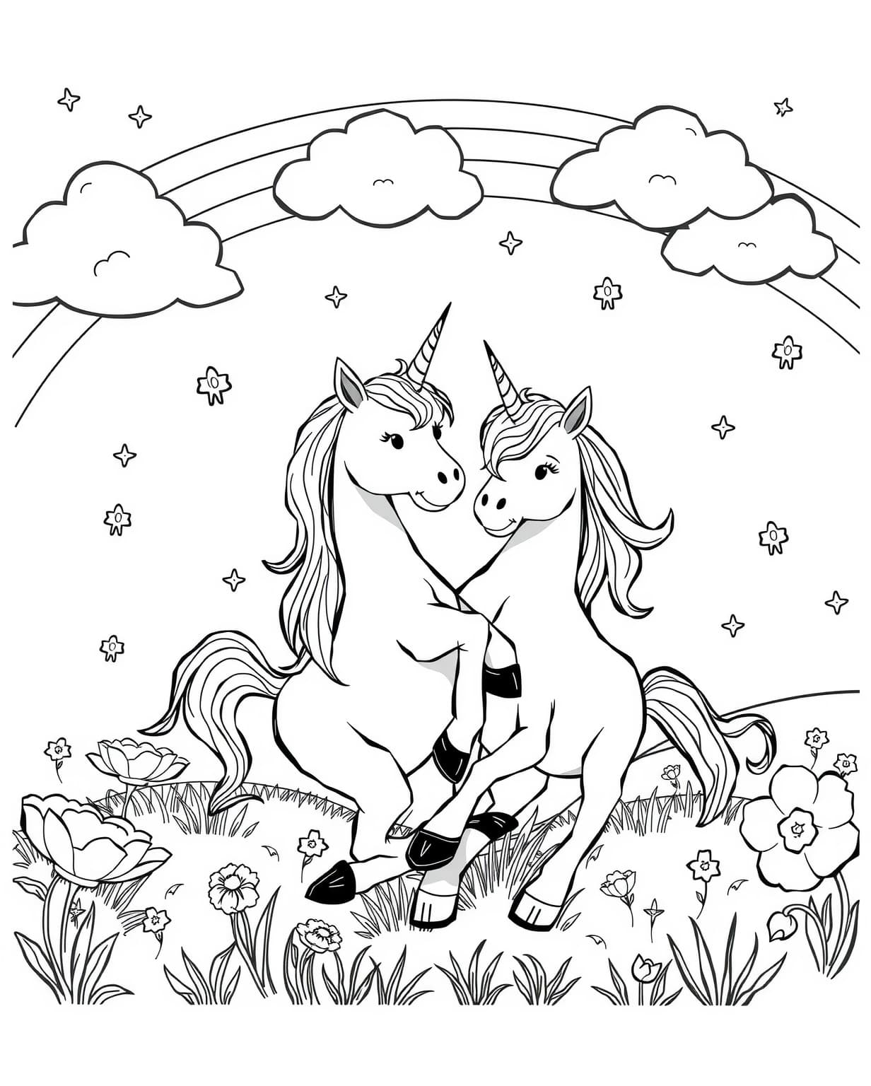 Two Unicorns Playing Together Coloring Page
