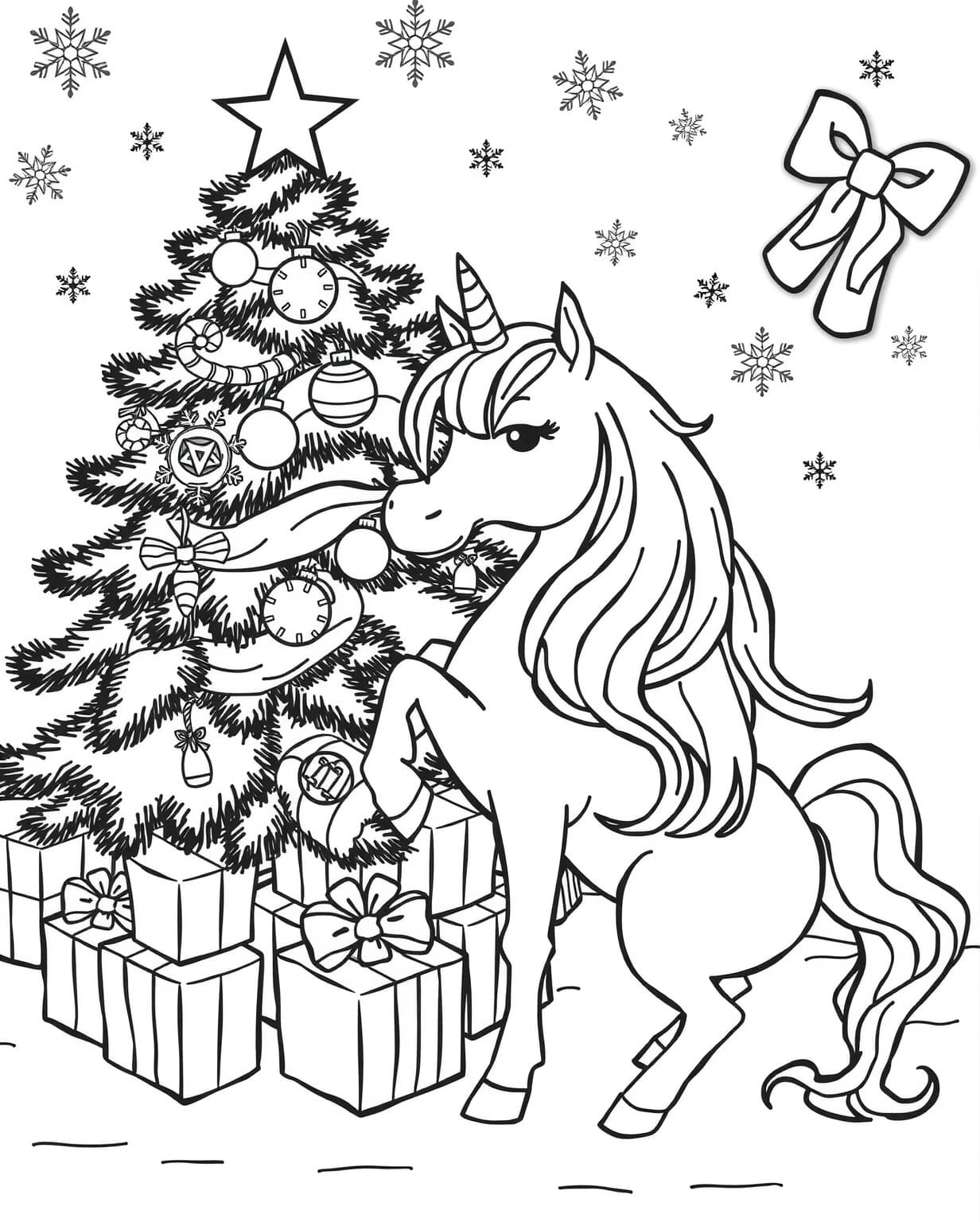 Unicorn By A Christmas Tree Coloring Page