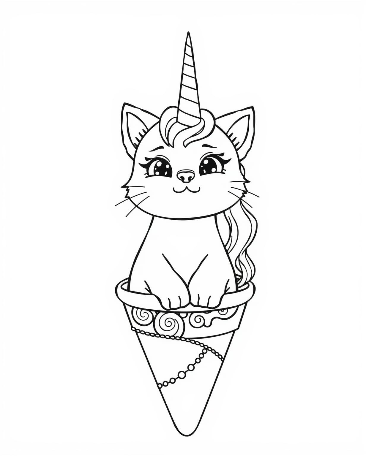 Unicorn Cat Ice Cream Cone Coloring Sheet