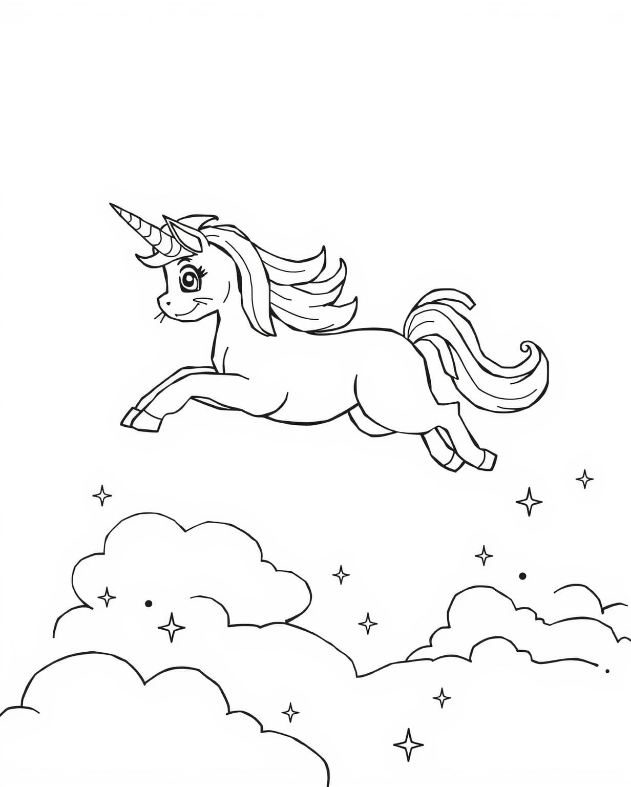 Unicorn Cat Jumping On Clouds Coloring Page