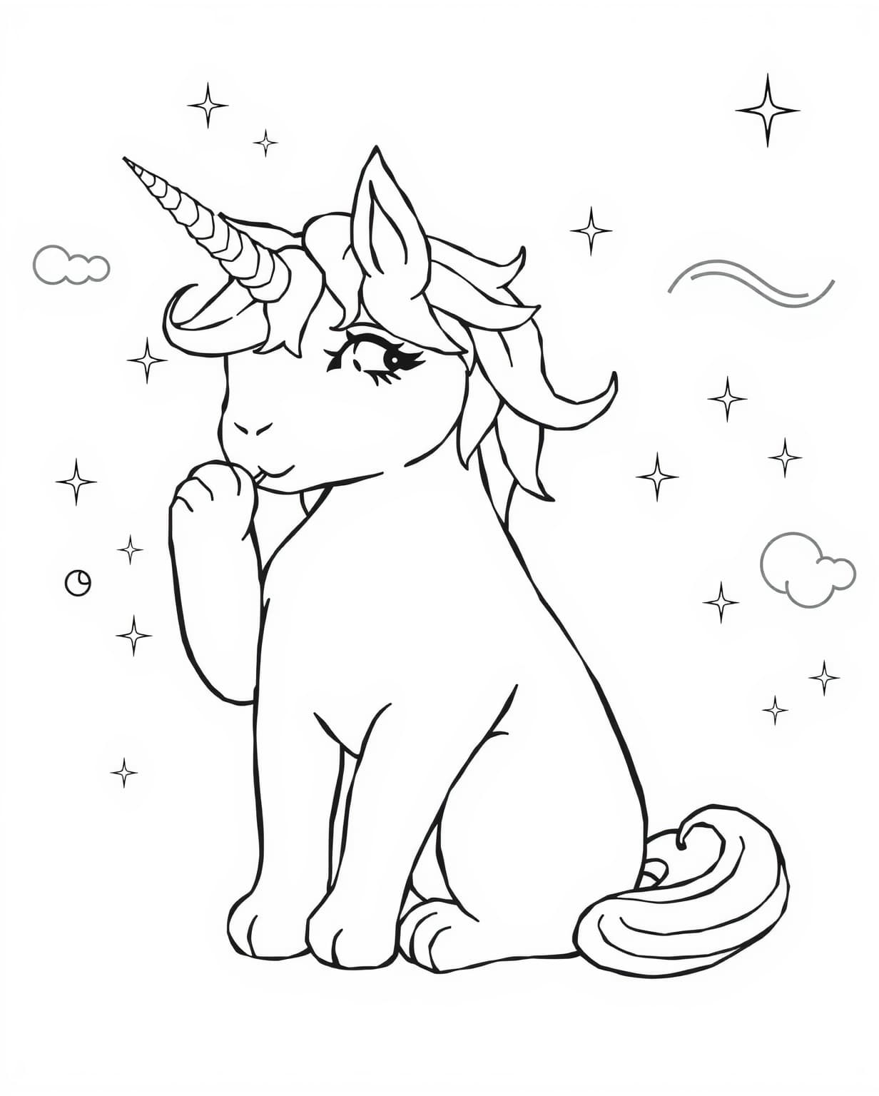 Unicorn Cat Licking Its Paw Coloring Page