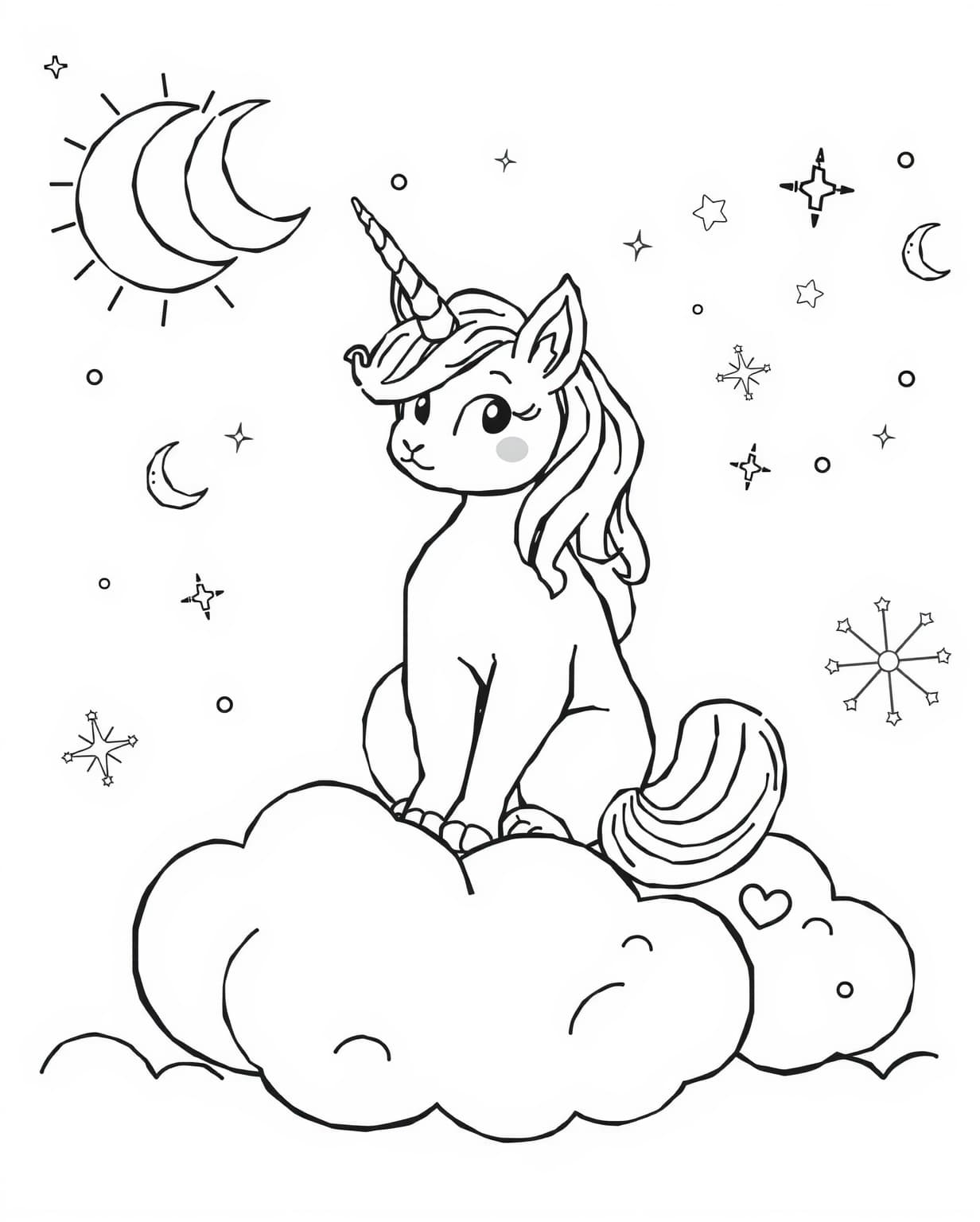 Unicorn Cat On The Clouds Coloring Page