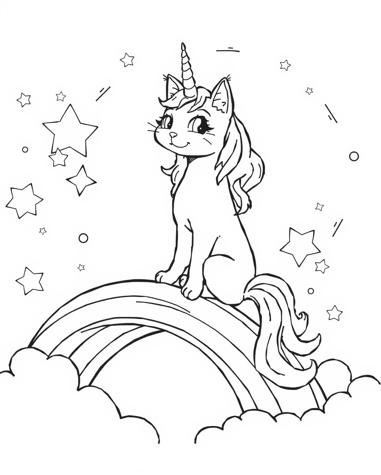 Unicorn Cat On The Rainbow Coloring Page
