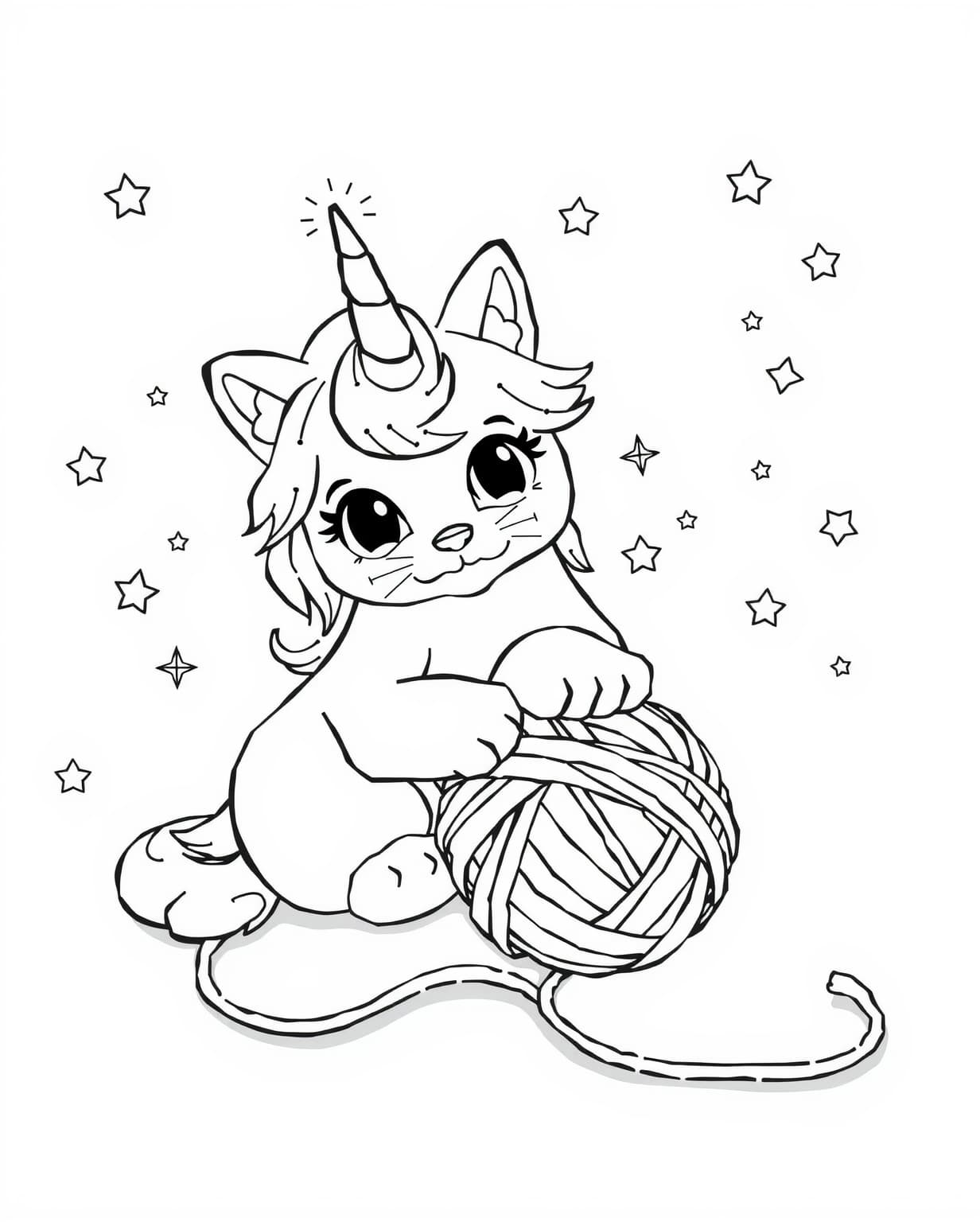 Unicorn Cat Playing With Yarn Coloring Page