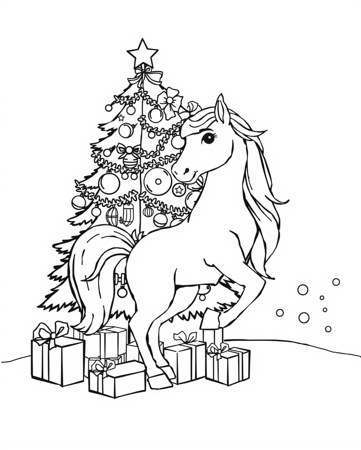 Unicorn Decorating A Christmas Tree Coloring Page