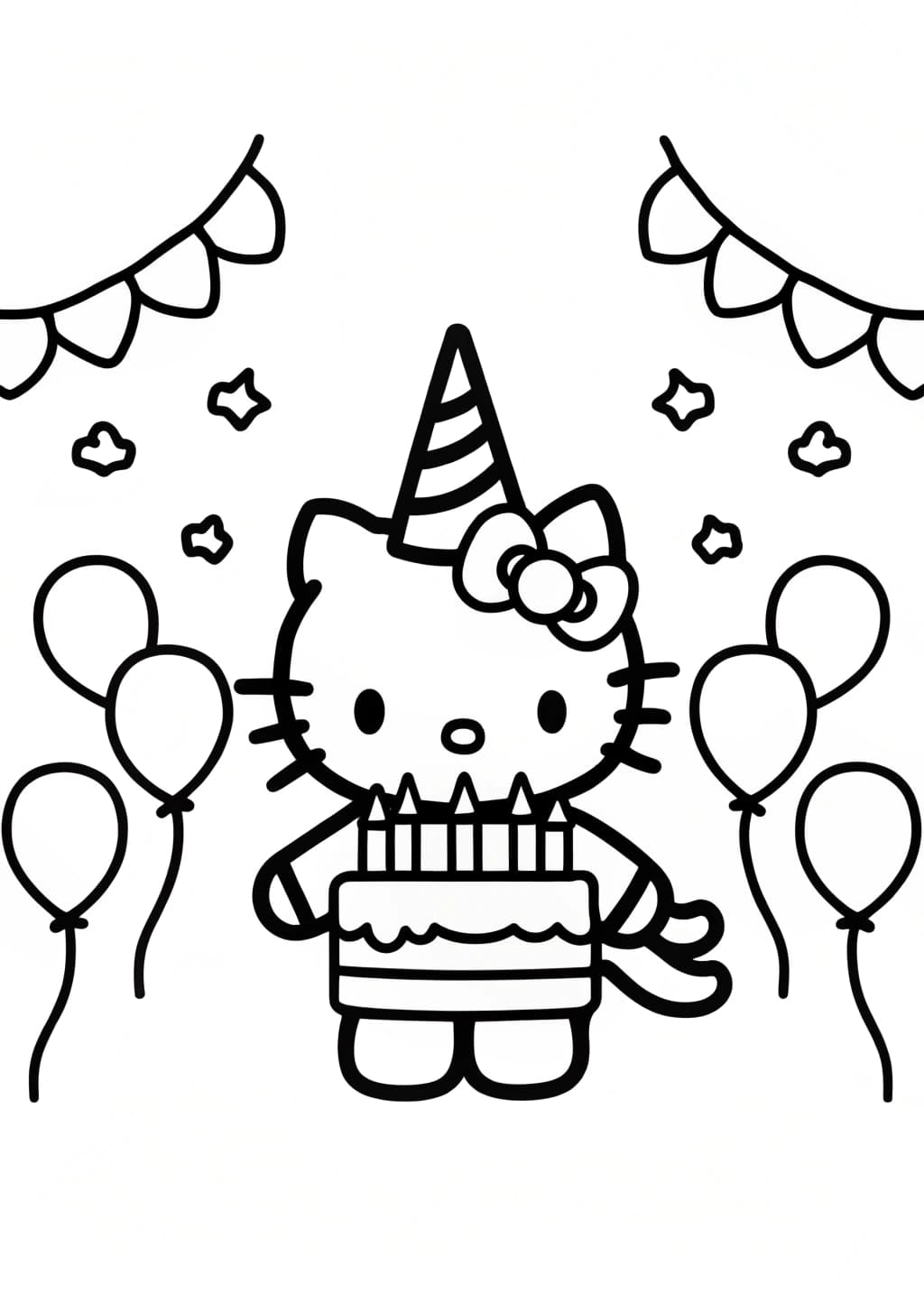 Unicorn Hello Kitty at a Birthday Party Coloring Page
