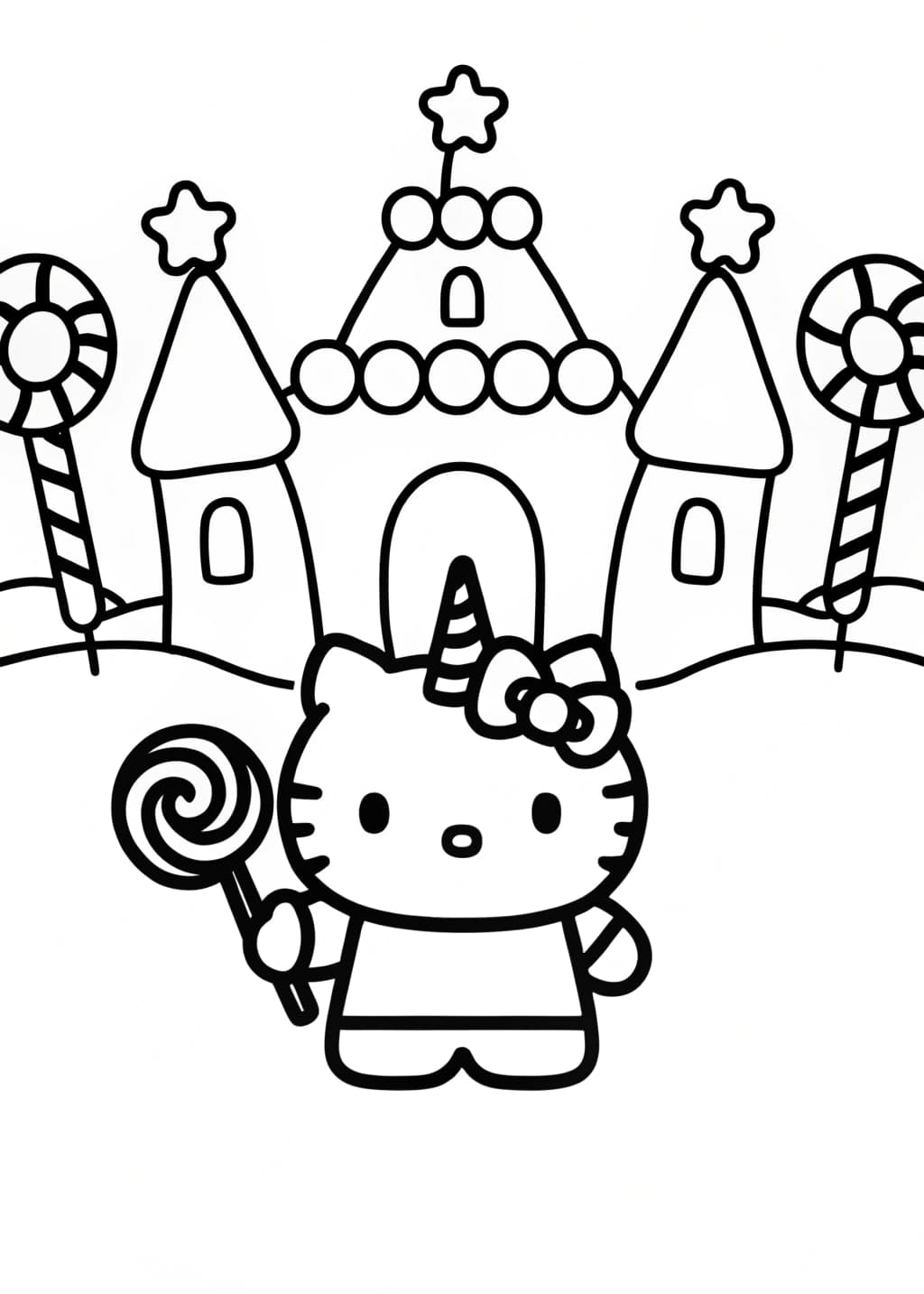 Unicorn Hello Kitty at a Candy Castle Coloring Page