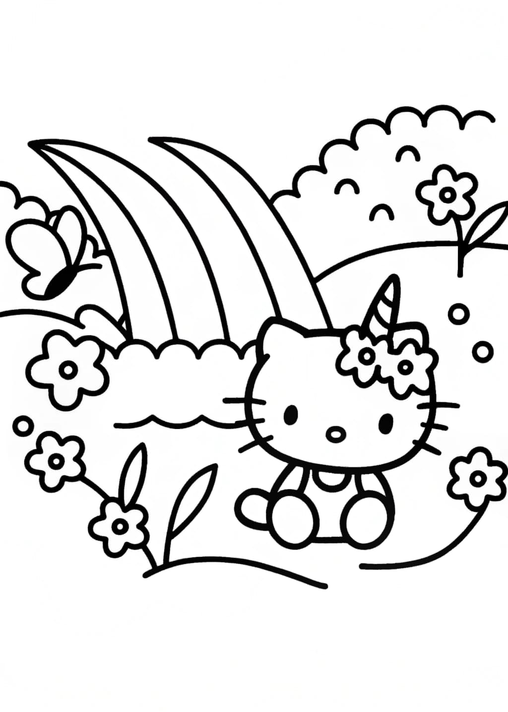 Unicorn Hello Kitty at a Magical Waterfall Coloring Page
