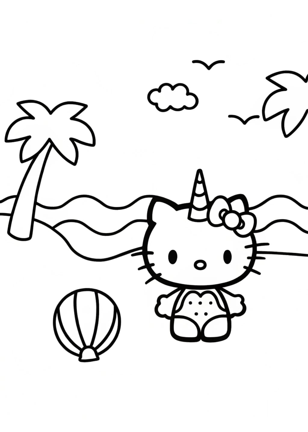 Unicorn Hello Kitty at the Beach Coloring Page