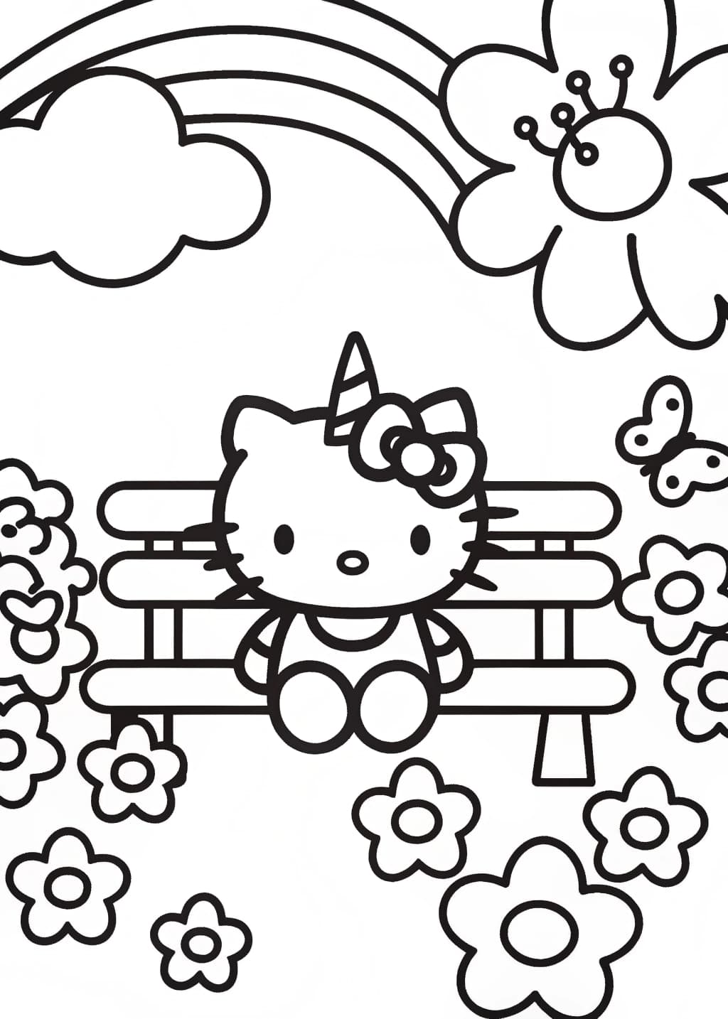 Unicorn Hello Kitty in a Flower Garden Coloring Page