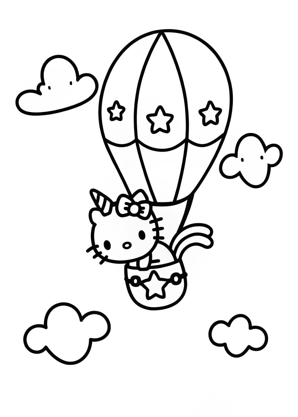 Unicorn Hello Kitty in a Hot Air Balloon Coloring Page