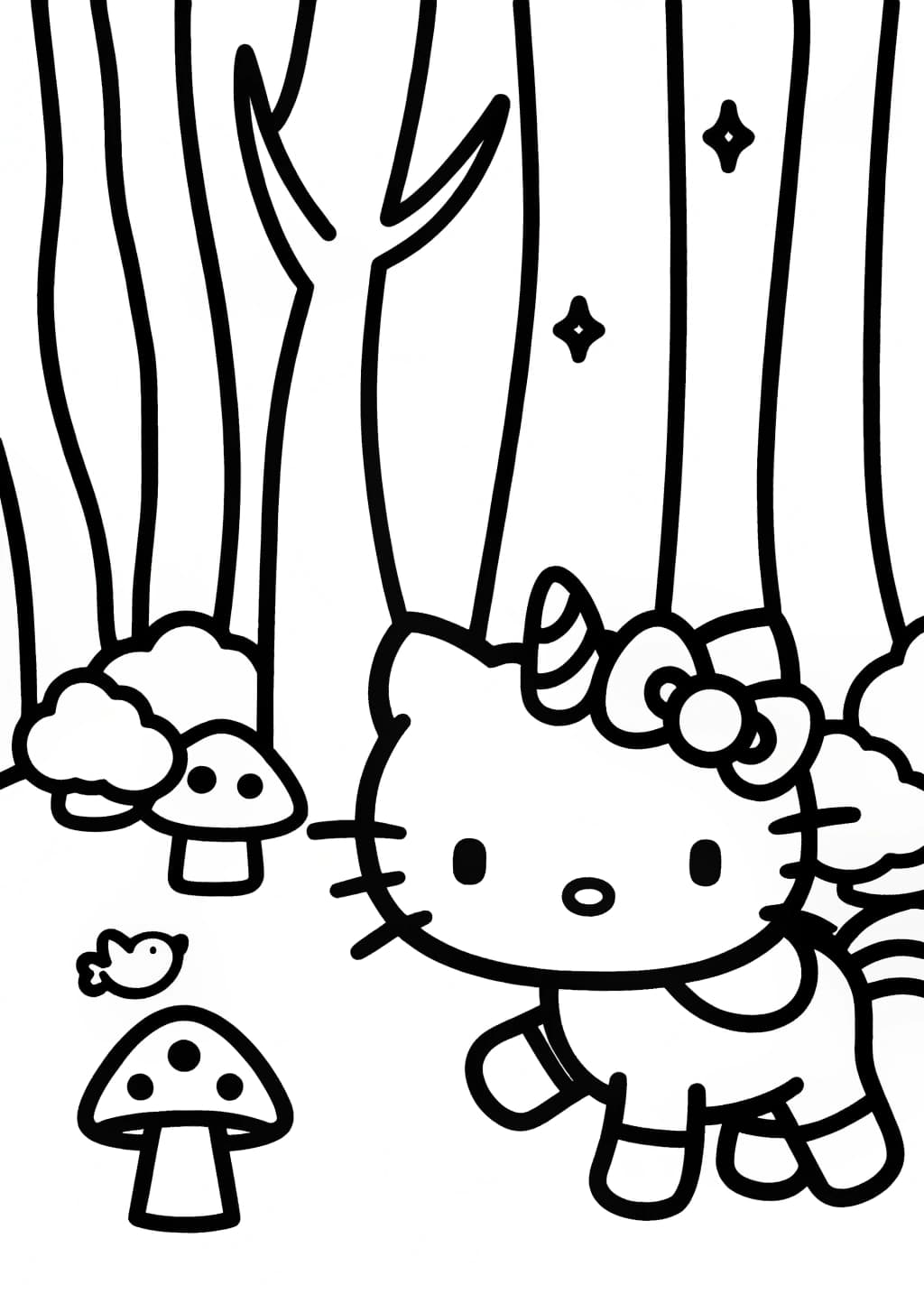 Unicorn Hello Kitty in a Magical Forest Coloring Page