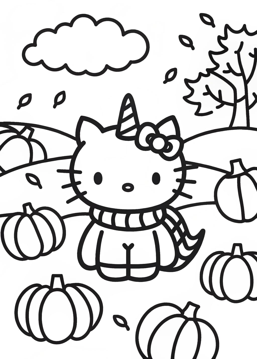 Unicorn Hello Kitty in a Pumpkin Patch Coloring Page