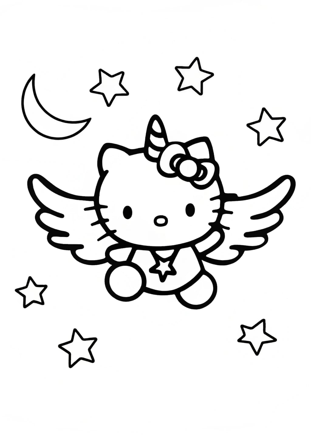 Unicorn Hello Kitty in a Starry Sky Coloring Page