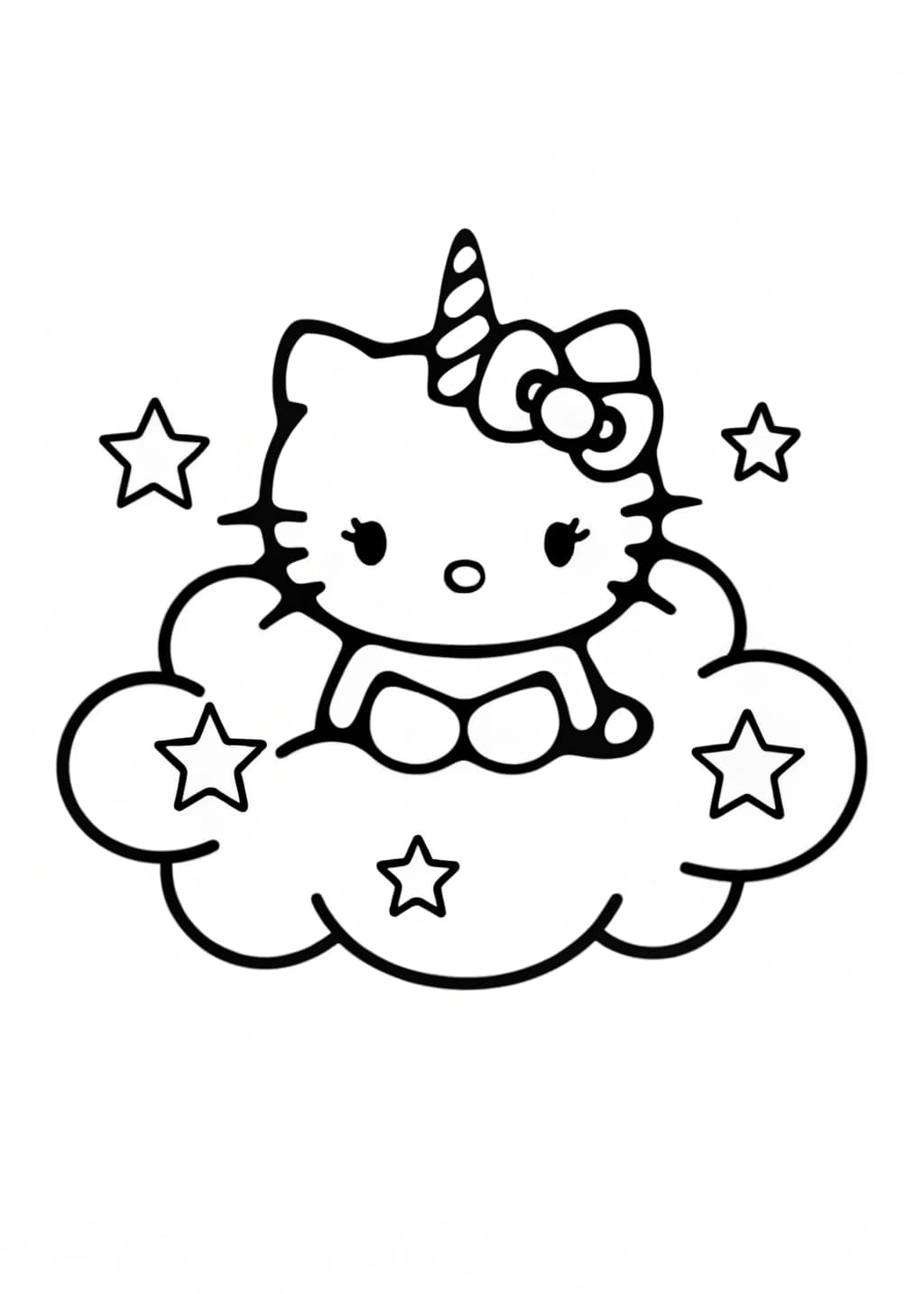 Unicorn Hello Kitty on a Cloud Coloring Page