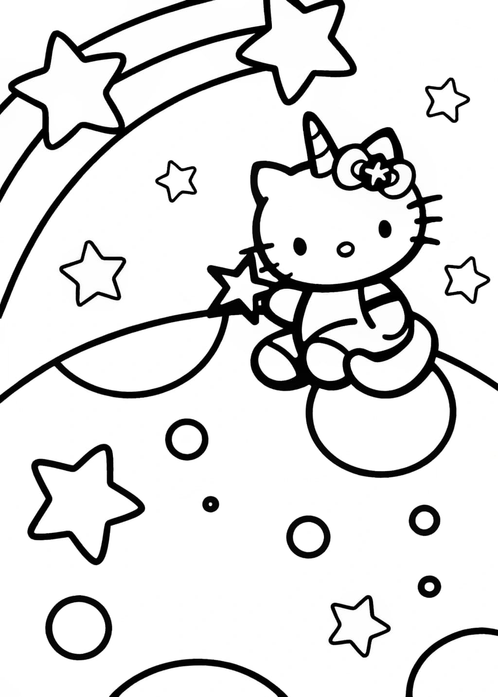 Unicorn Hello Kitty on the Moon Coloring Page
