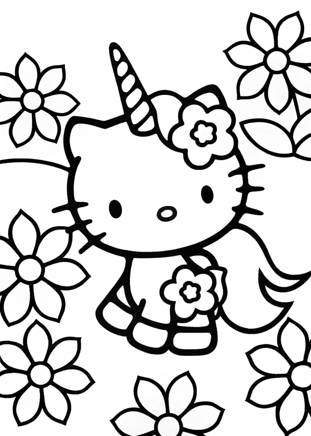 Unicorn Hello Kitty with Magical Flowers Coloring Page