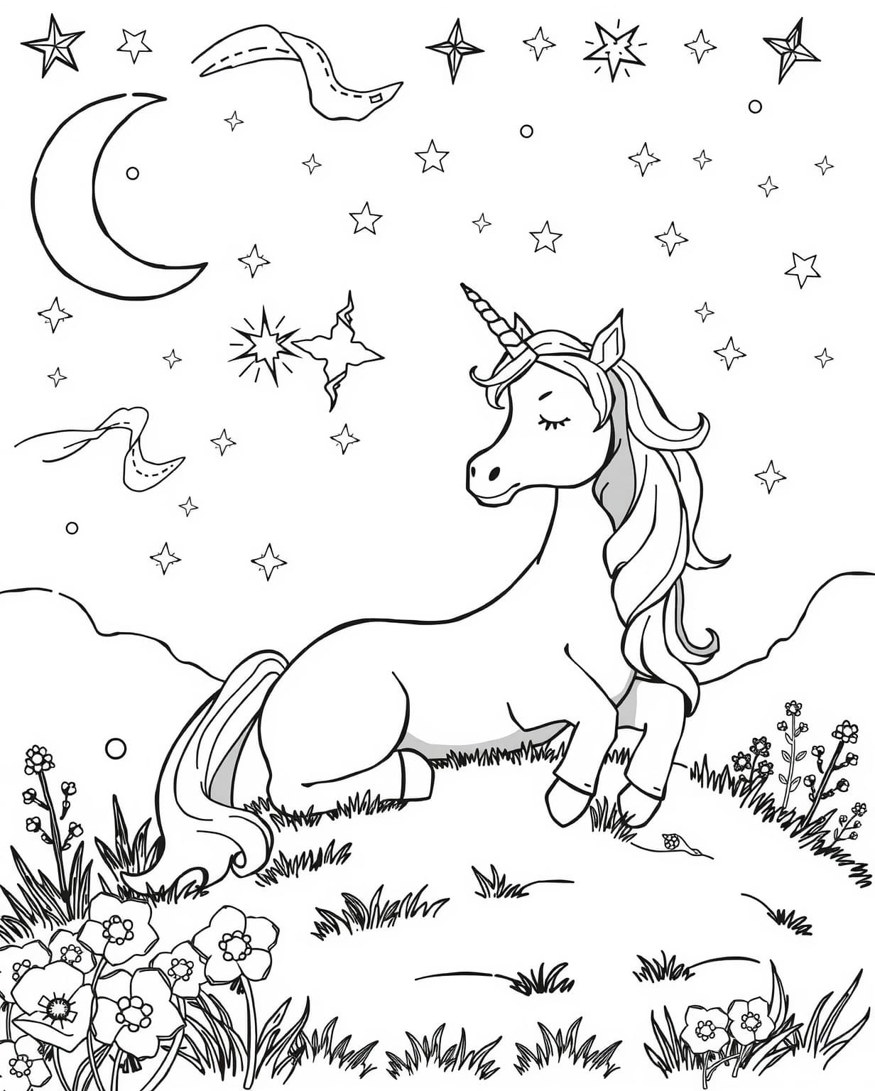 Unicorn Stargazing Adventure Coloring Page
