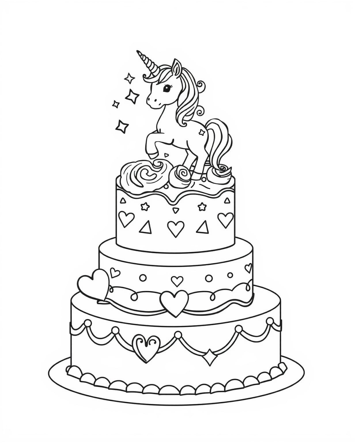 Unicorn Themed Birthday Cake Coloring Page