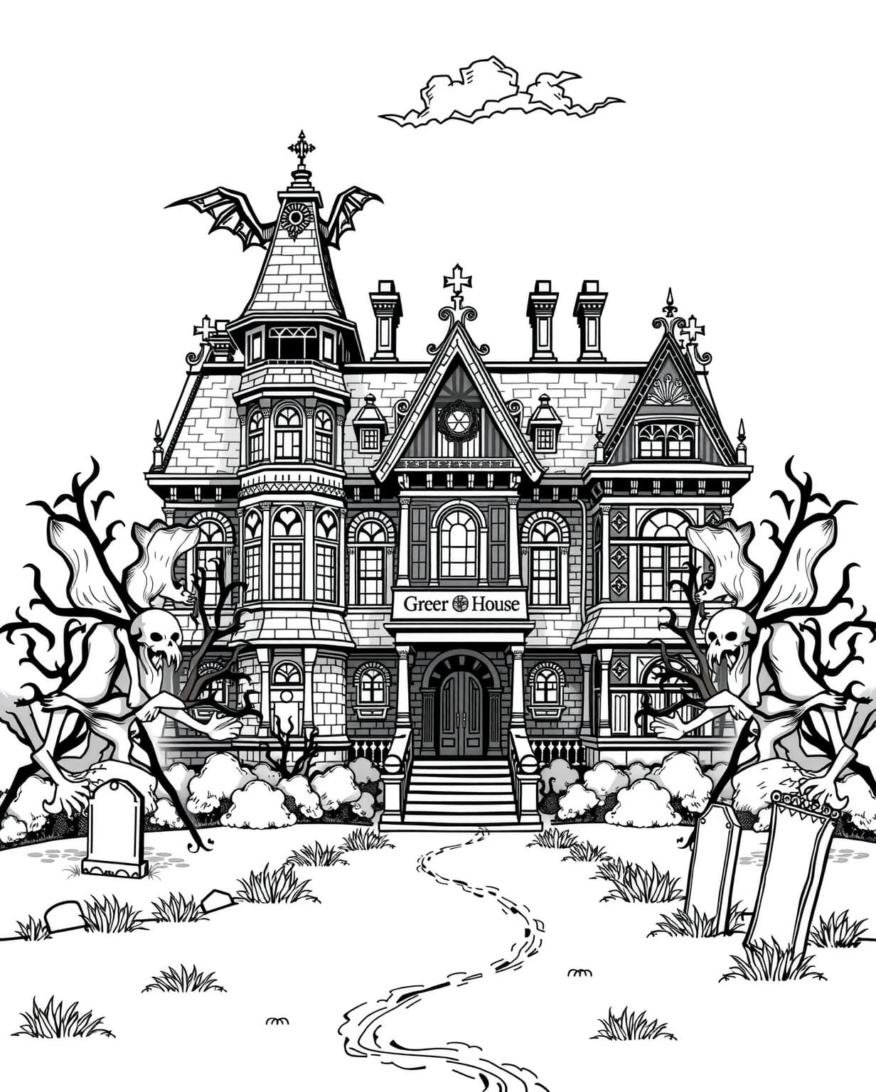 Victorian Haunted House with Gargoyles Coloring Page