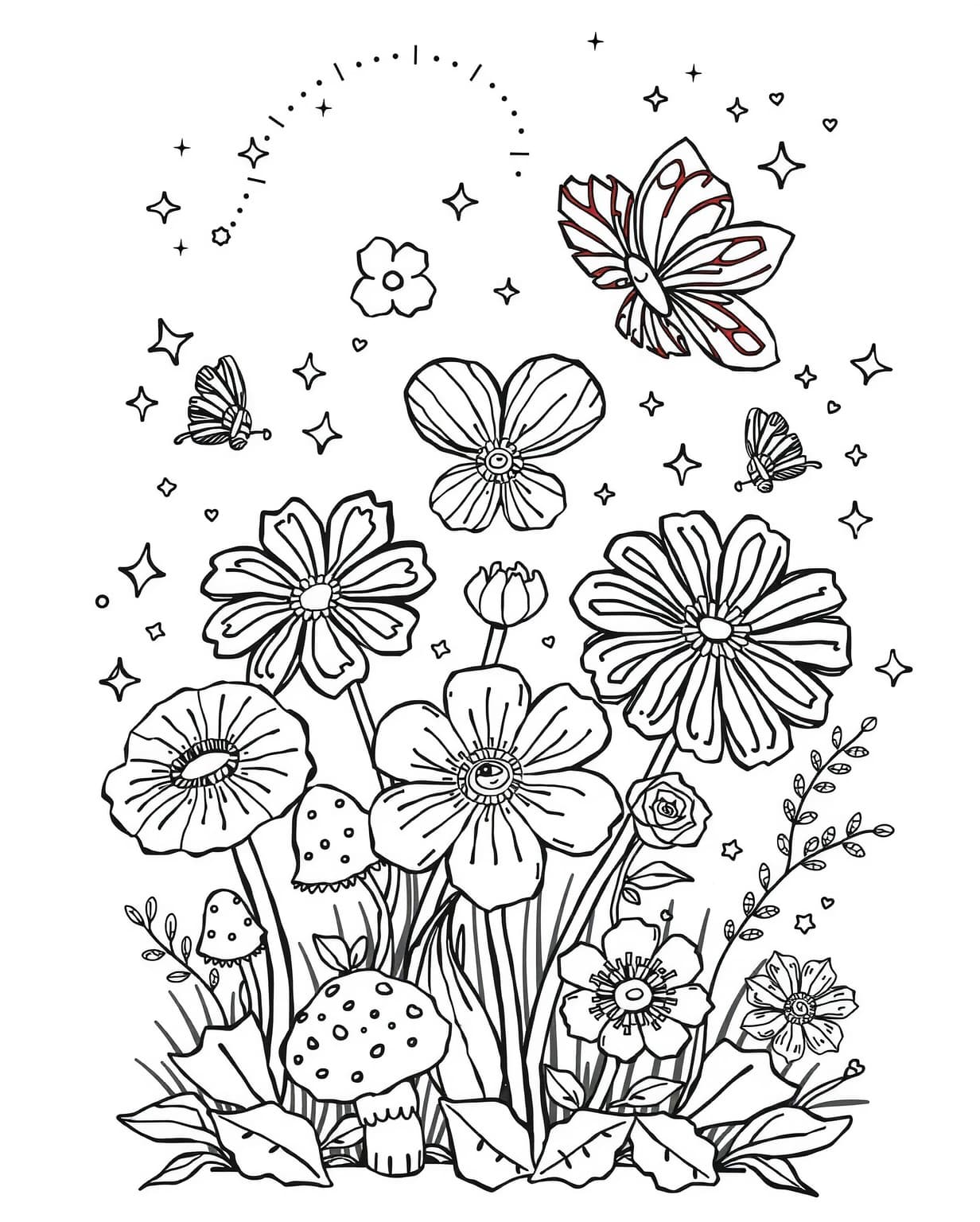 Whimsical Fairy Garden Flowers Coloring Page
