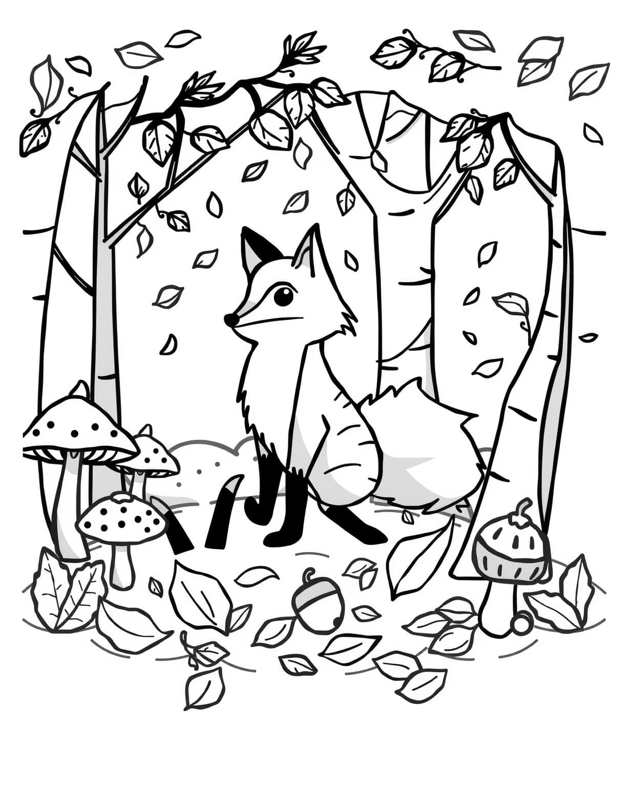 Whimsical Fox in a Fall Forest Coloring Page