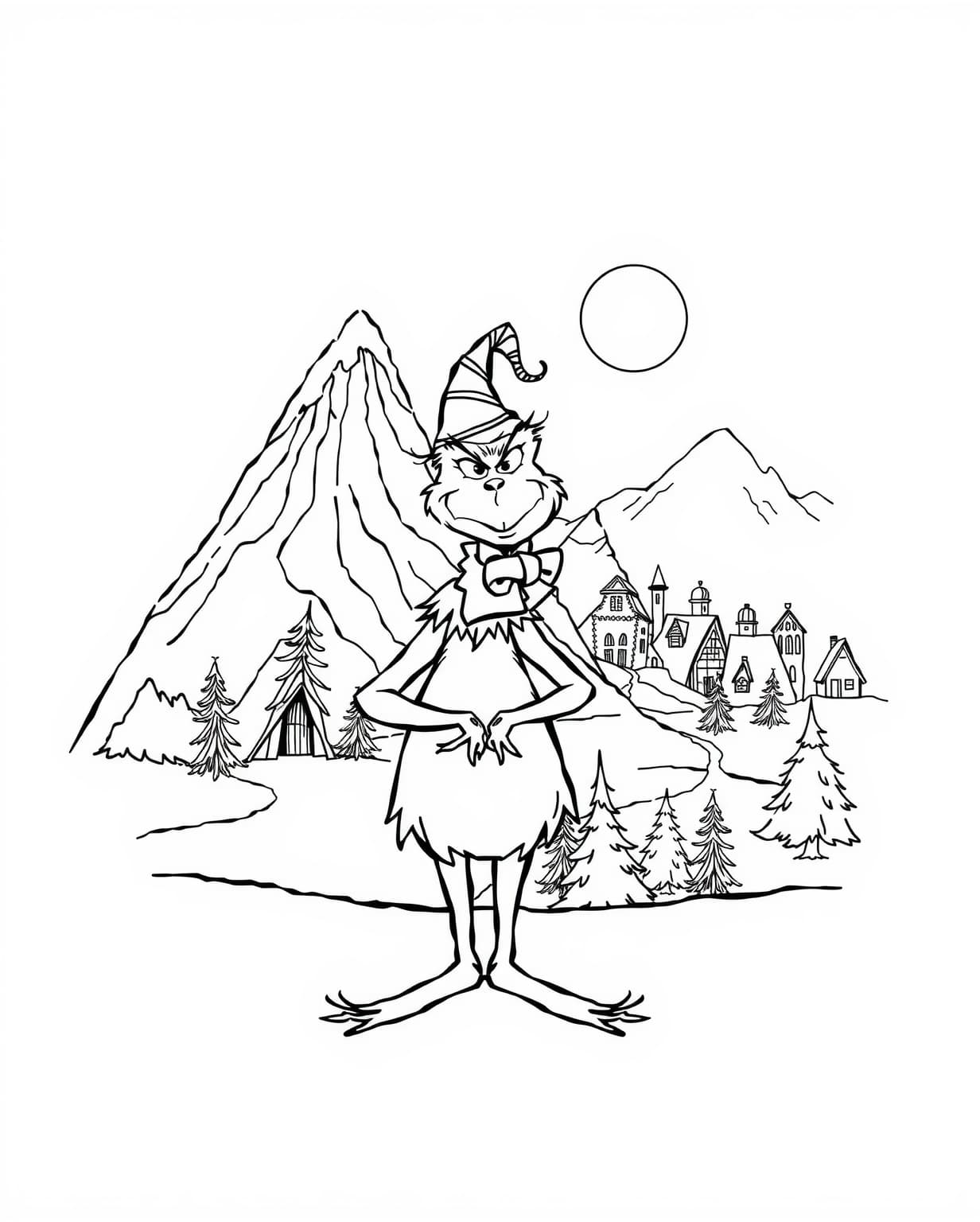 Whimsical Grinch Holiday Scene Coloring Page