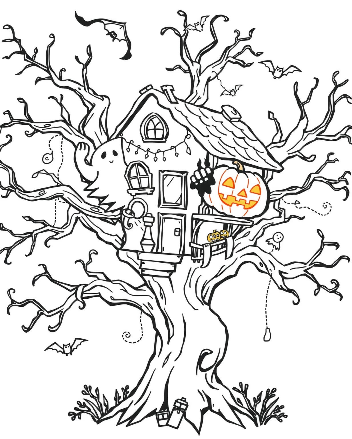 Whimsical Haunted Treehouse Coloring Page