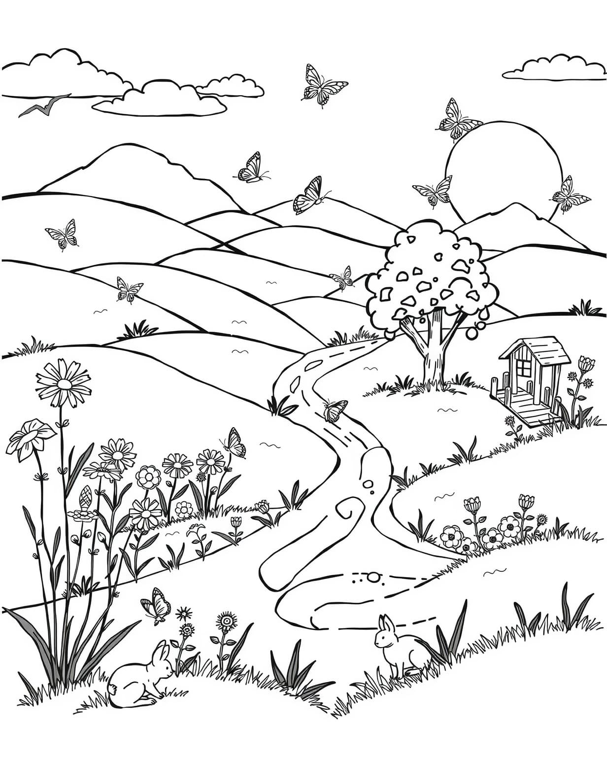 Whimsical Spring Meadow Scene Coloring Page