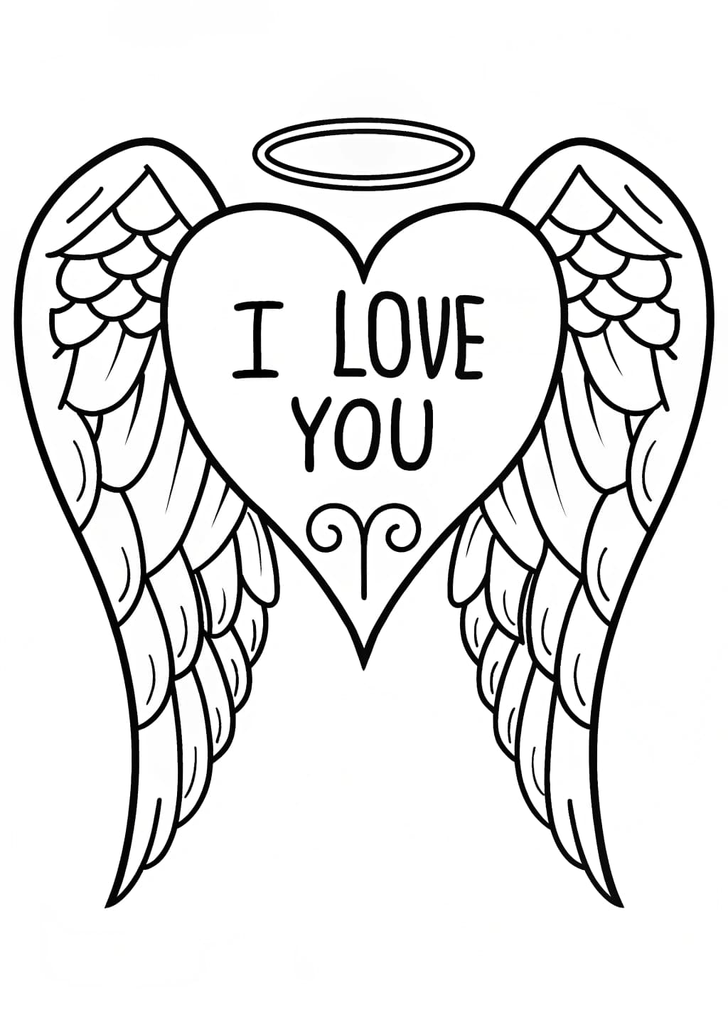 Winged Heart With Halo And I Love You Coloring Page