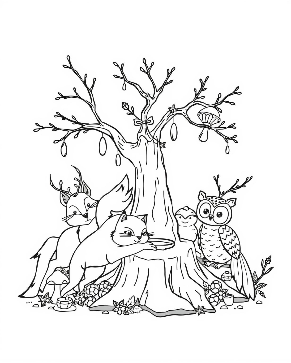 Winter Woodland Animals Gathering Coloring Page