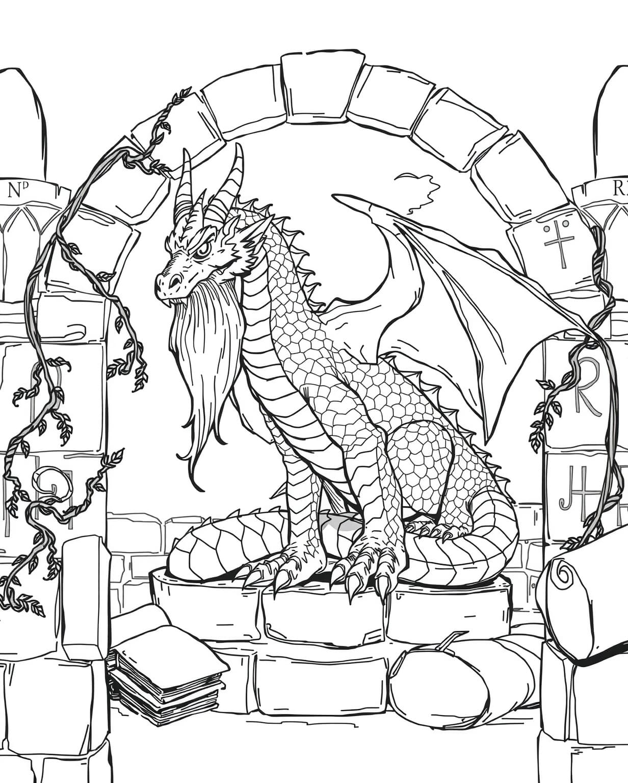 Wise Elder Dragon with Ancient Scrolls Coloring Page