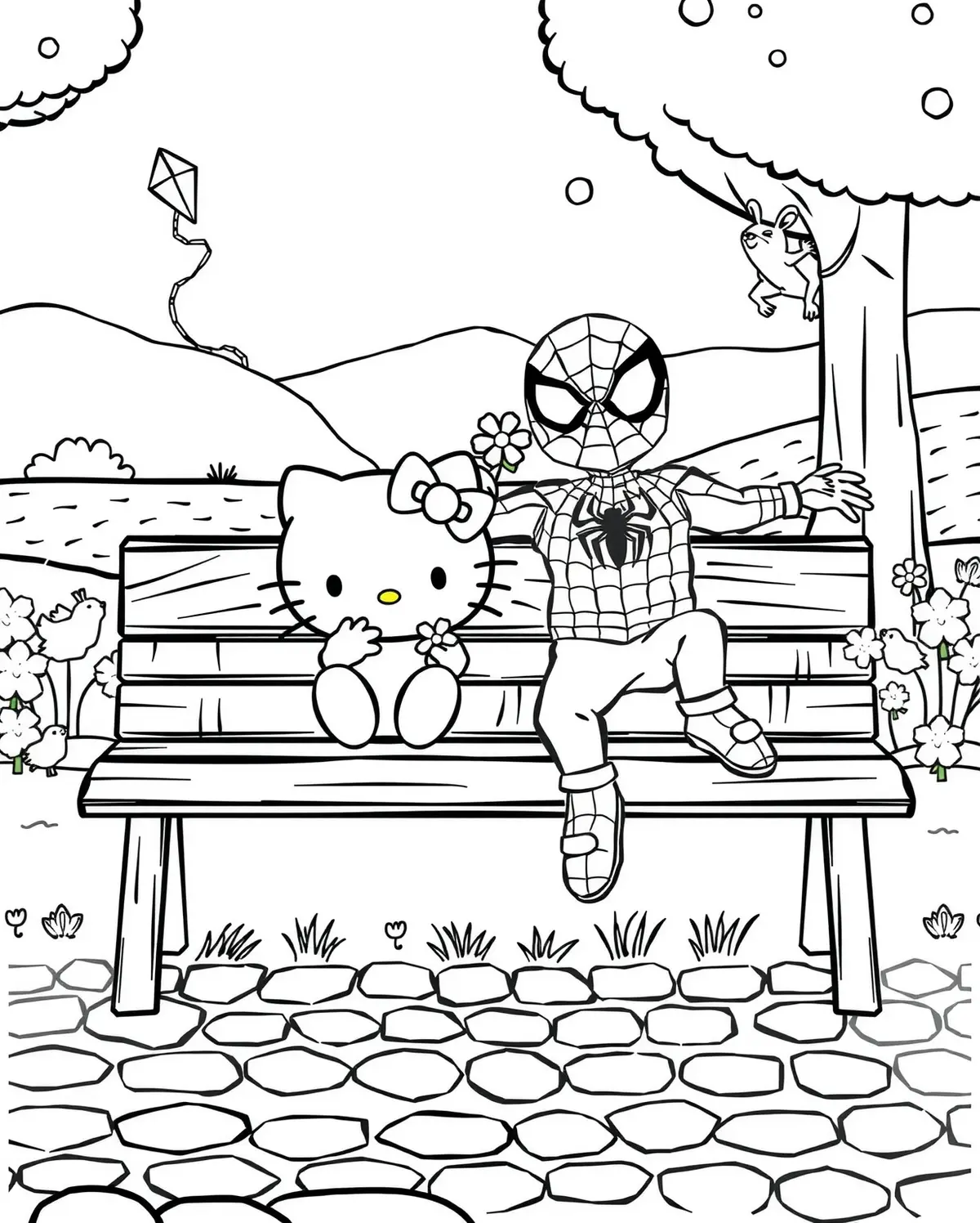Hello Kitty and Spiderman at a Park Coloring Page