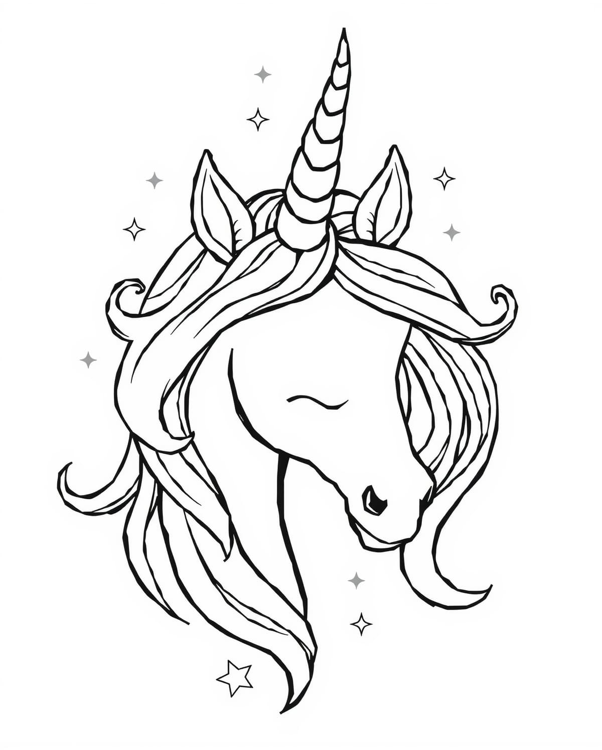 Detailed Unicorn Face With Long Horn Coloring Sheet - Free Printable